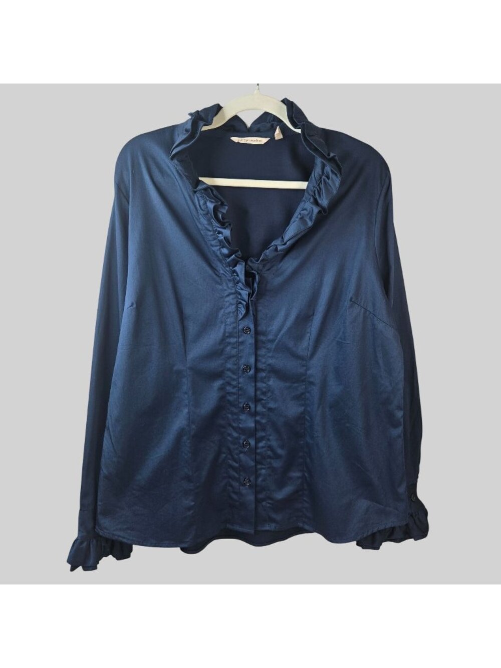 Reagal Buttondown Shirt Sz XL Navy Blue Satin Preppy Victorian Ruffle Blouse Top